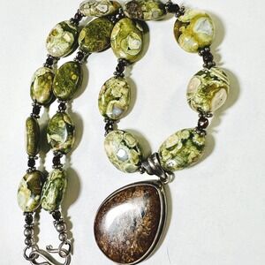 Vintage Artisan Silver Natural Stone Necklace 18"‎ Rainforest Rhyolite Bronzite
